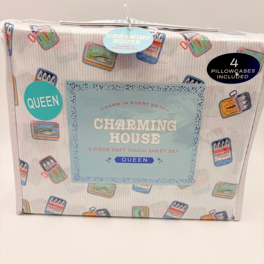 Charming House Queen Sheet Set 6 Piece Soft Touch Sardine Tin Print Blue White